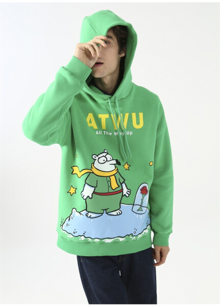 Oversized Hooded Printed Green Men's Fleece Sweatshirt - 8