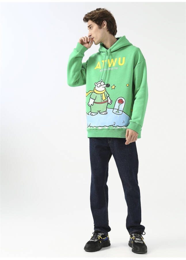 Oversized Hooded Printed Green Men's Fleece Sweatshirt - 9