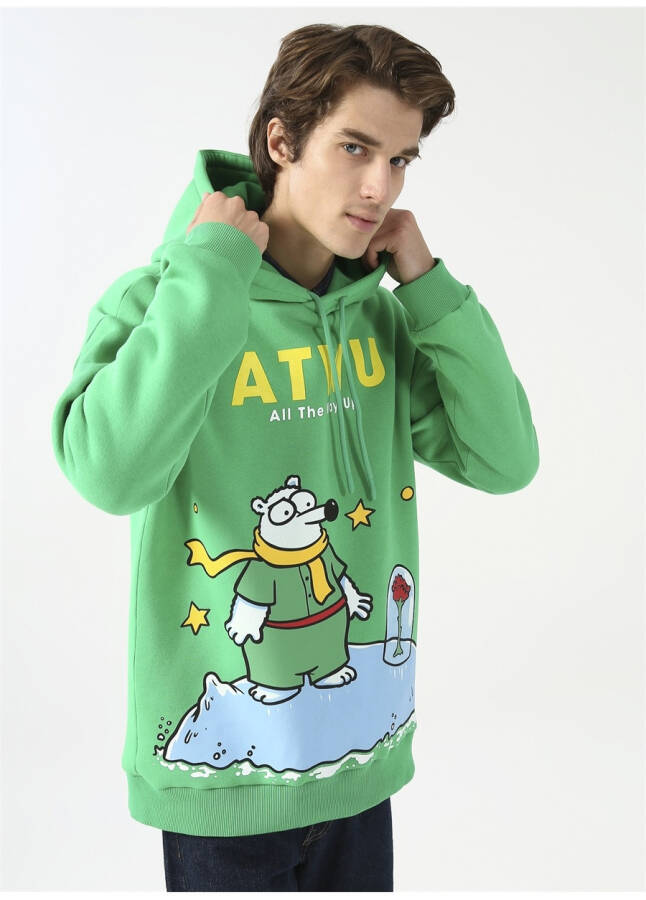 Oversized Hooded Printed Green Men's Fleece Sweatshirt - 10