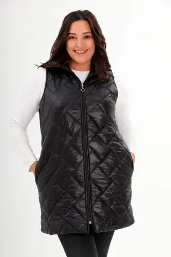 Oversized Hoodie Pocket Detail Long Oversized Black Puffer Vest - BÜYÜKBEDENIZ (1)