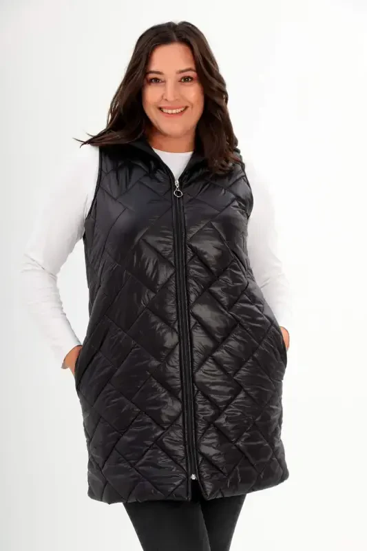 Oversized Hoodie Pocket Detail Long Oversized Black Puffer Vest - 2