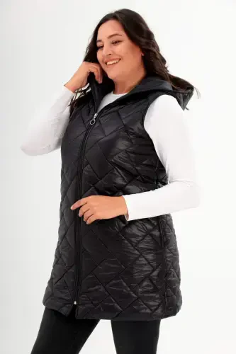 Oversized Hoodie Pocket Detail Long Oversized Black Puffer Vest - 3