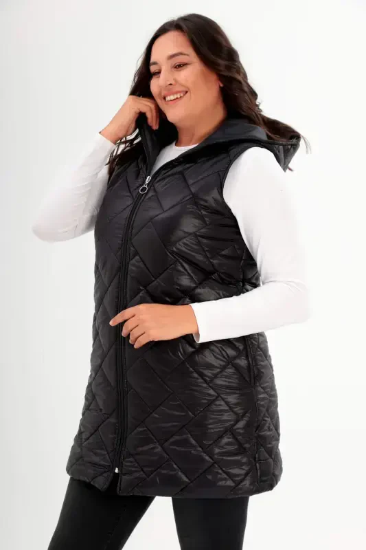 Oversized Hoodie Pocket Detail Long Oversized Black Puffer Vest - 3