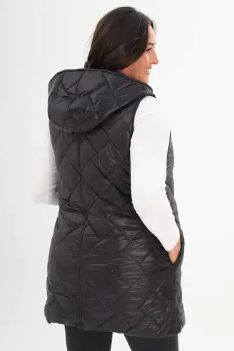 Oversized Hoodie Pocket Detail Long Oversized Black Puffer Vest - 5