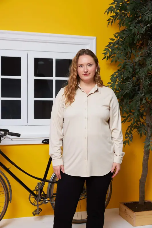 Oversized Knitted Modal Yarn Shirt Cream - BÜYÜKBEDENIZ