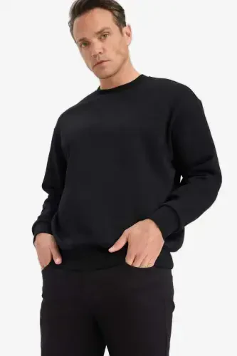 Oversized Loose Bike Collar Basic Plain Sweatshirt Black - 1
