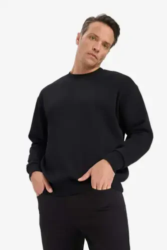 Oversized Loose Bike Collar Basic Plain Sweatshirt Black - 2