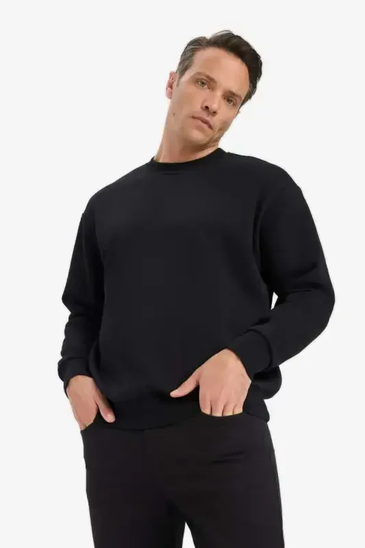 Oversized Loose Bike Collar Basic Plain Sweatshirt Black - 2