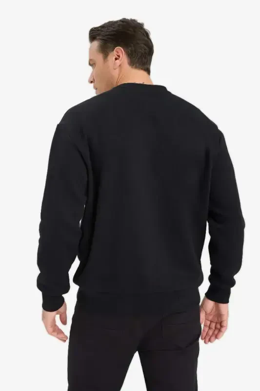 Oversized Loose Bike Collar Basic Plain Sweatshirt Black - 4