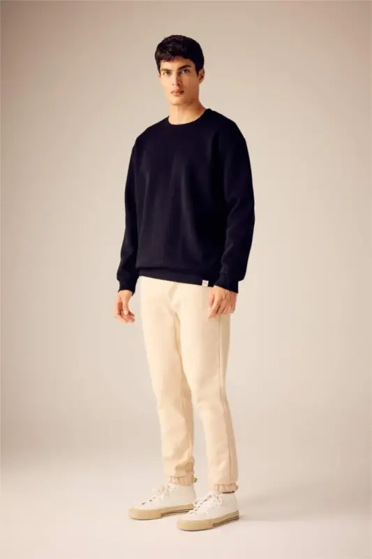Oversized Loose Bike Collar Basic Plain Sweatshirt Black - 2