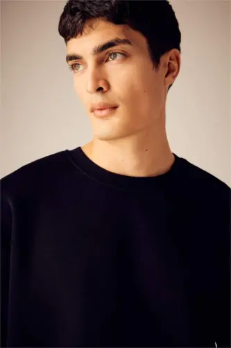 Oversized Loose Bike Collar Basic Plain Sweatshirt Black - 4