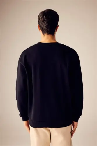 Oversized Loose Bike Collar Basic Plain Sweatshirt Black - 5