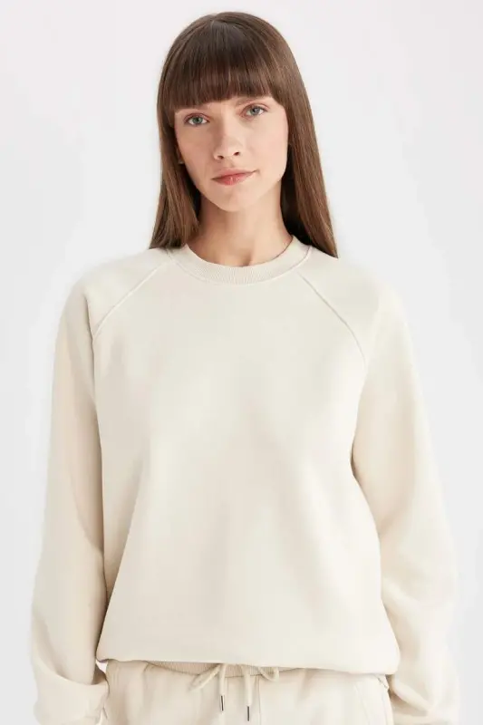 Oversized Loose Bike Collar Basic Plain Thick Sweatshirt Sand - DEFACTO
