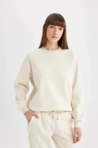 Oversized Loose Bike Collar Basic Plain Thick Sweatshirt Sand - 4