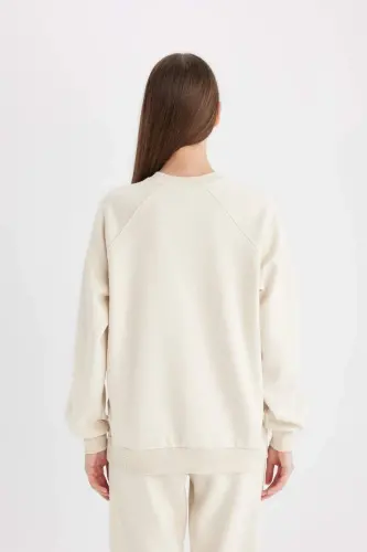 Oversized Loose Bike Collar Basic Plain Thick Sweatshirt Sand - 6