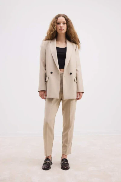 Oversized Loose Blazer Jacket Lapel Button Basic Plain Blazer Jacket Beige - DEFACTO