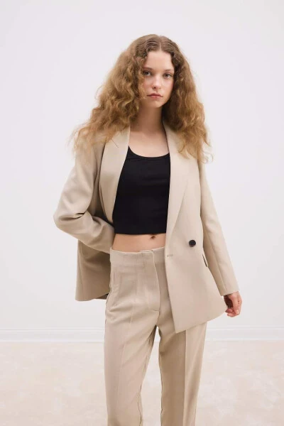 Oversized Loose Blazer Jacket Lapel Button Basic Plain Blazer Jacket Beige - DEFACTO (1)