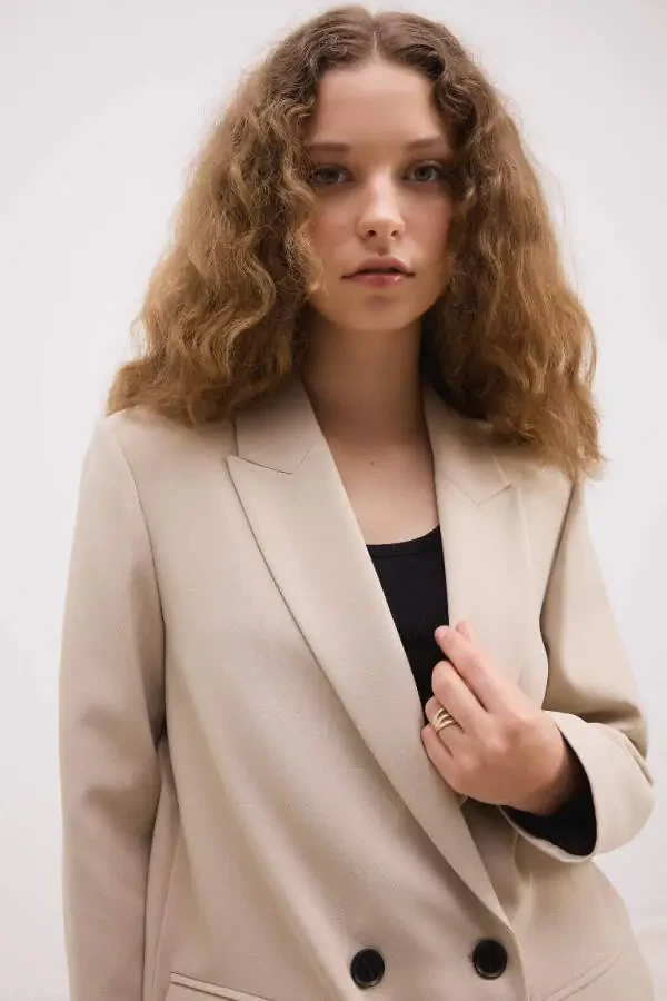 Oversized Loose Blazer Jacket Lapel Button Basic Plain Blazer Jacket Beige - 3