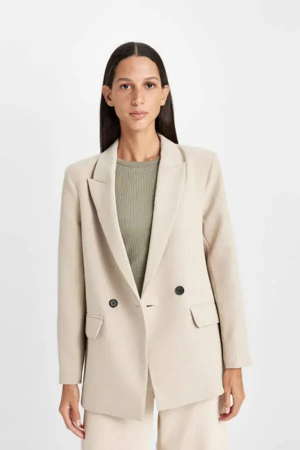 Oversized Loose Blazer Jacket Lapel Button Basic Plain Blazer Jacket Beige - 6