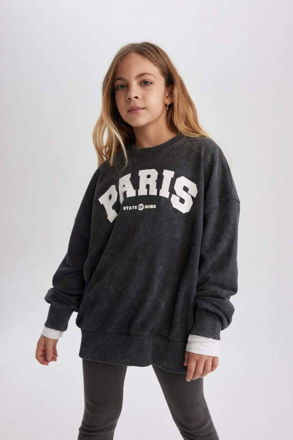 Oversized Loose Cut Patterned Sweatshirt with Soft Furry Collar for Girls Charcoal - 1