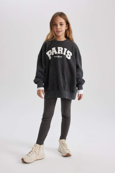 Oversized Loose Cut Patterned Sweatshirt with Soft Furry Collar for Girls Charcoal - 2