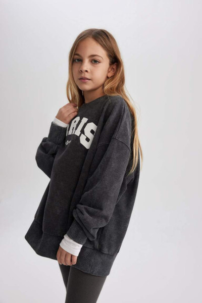 Oversized Loose Cut Patterned Sweatshirt with Soft Furry Collar for Girls Charcoal - 4