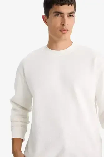 Oversized Loose Fit Crew Neck Basic Sweatshirt Off-White - 4