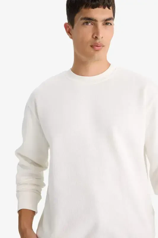 Oversized Loose Fit Crew Neck Basic Sweatshirt Off-White - 4