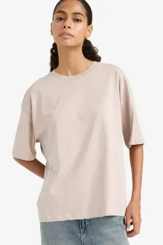 Oversized Loose-fitting Crew Neck Plain Basic Short-sleeve Stone T-shirt - 1