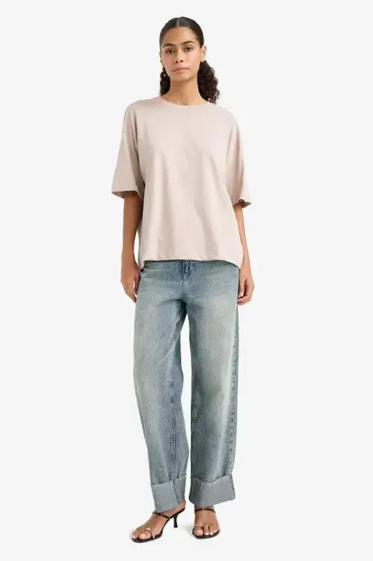 Oversized Loose-fitting Crew Neck Plain Basic Short-sleeve Stone T-shirt - 2