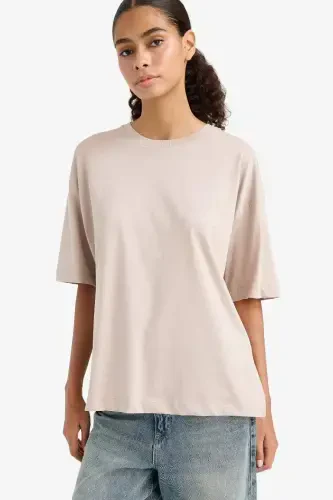 Oversized Loose-fitting Crew Neck Plain Basic Short-sleeve Stone T-shirt - 3