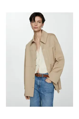 Oversized overshirt with pockets-Beige - MANGO (1)