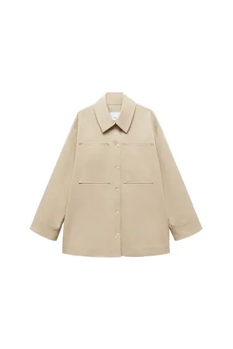Oversized overshirt with pockets-Beige - 3