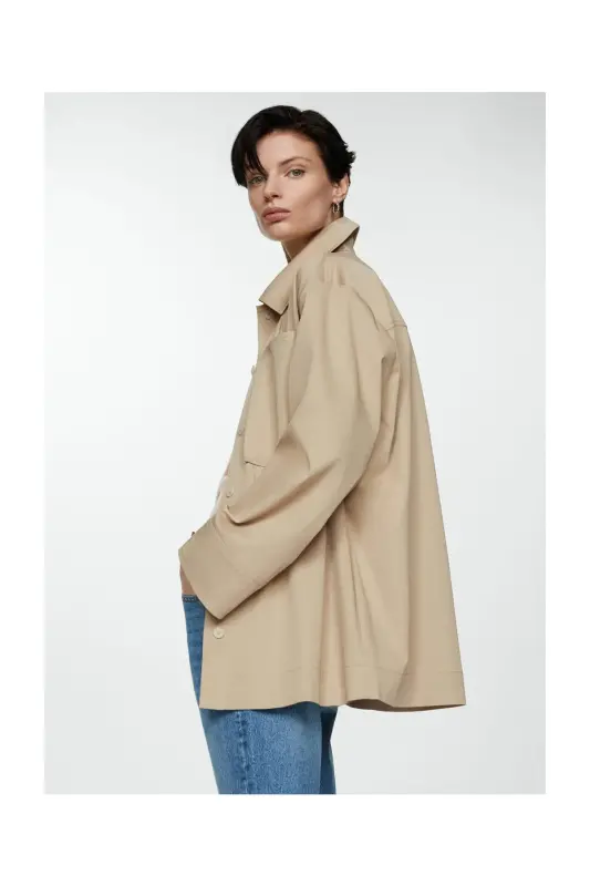 Oversized overshirt with pockets-Beige - 4