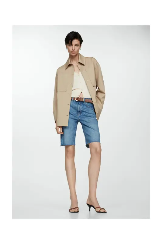 Oversized overshirt with pockets-Beige - 10