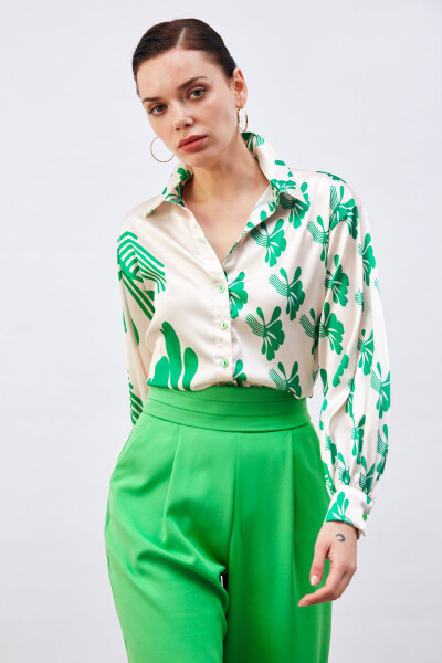 Oversized Patterned Shirt - Beige-green - 2