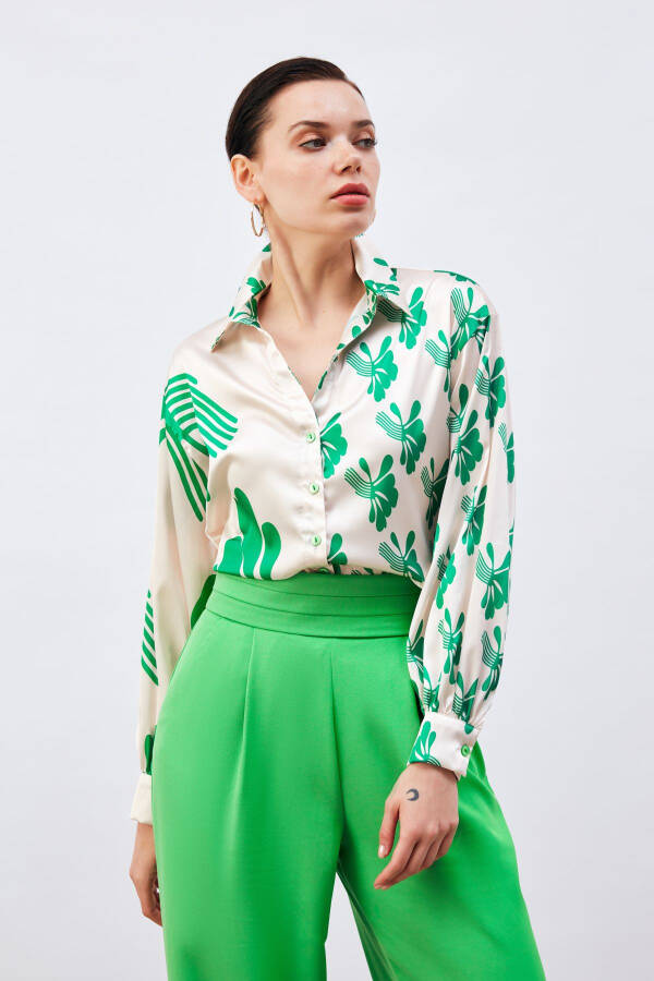 Oversized Patterned Shirt - Beige-green - 3