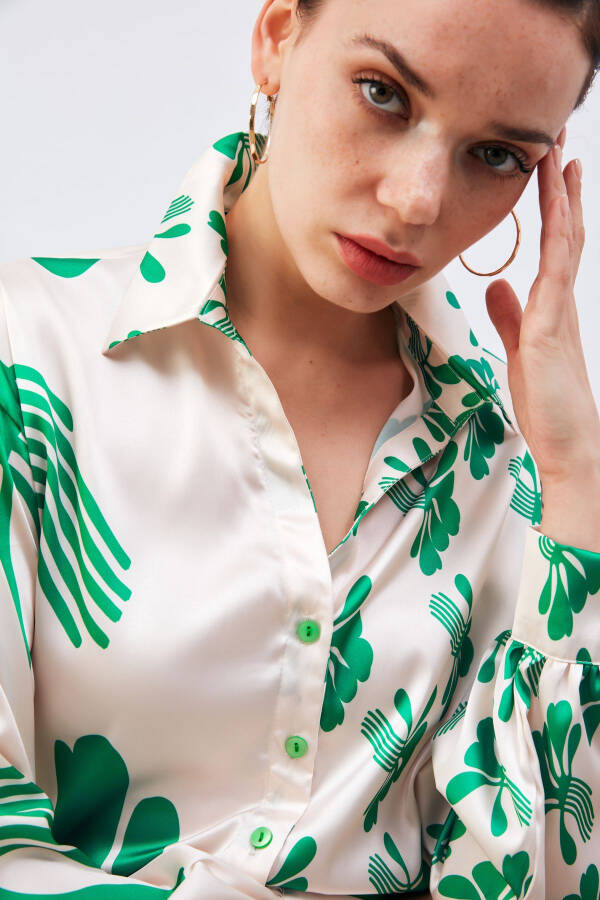 Oversized Patterned Shirt - Beige-green - 6