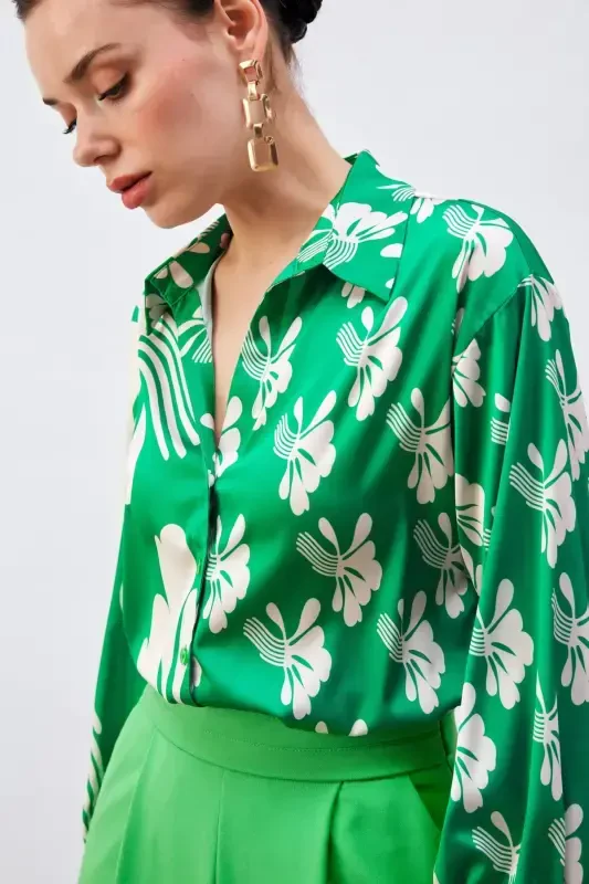 Oversized Patterned Shirt - Green-beige - 2