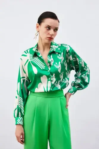 Oversized Patterned Shirt - Green-beige - 3