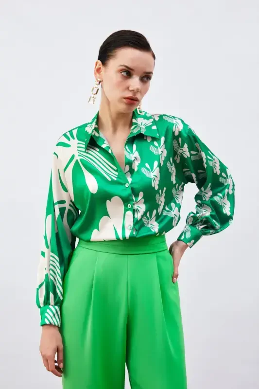 Oversized Patterned Shirt - Green-beige - 3