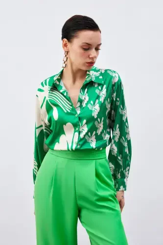 Oversized Patterned Shirt - Green-beige - 4