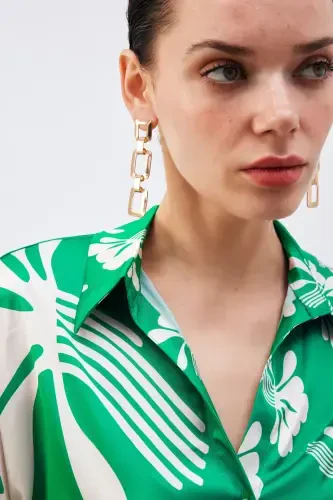 Oversized Patterned Shirt - Green-beige - 5