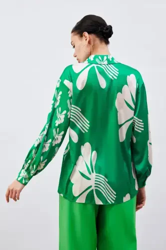 Oversized Patterned Shirt - Green-beige - 6