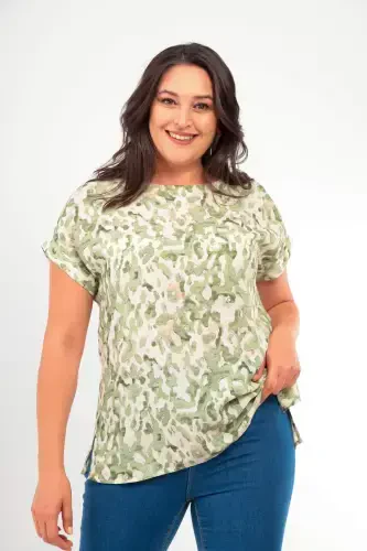 Oversized Patterned Short Sleeve Casual Khaki Blouse - 1