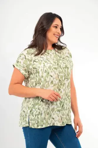 Oversized Patterned Short Sleeve Casual Khaki Blouse - 3