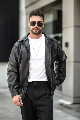 Oversized Relaxed Fit Black Leather Jacket - 1