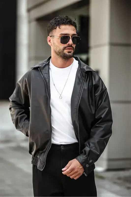 Oversized Relaxed Fit Black Leather Jacket - 3