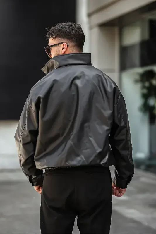 Oversized Relaxed Fit Black Leather Jacket - 6