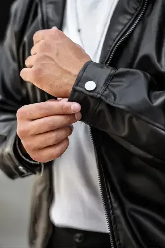 Oversized Relaxed Fit Black Leather Jacket - 7